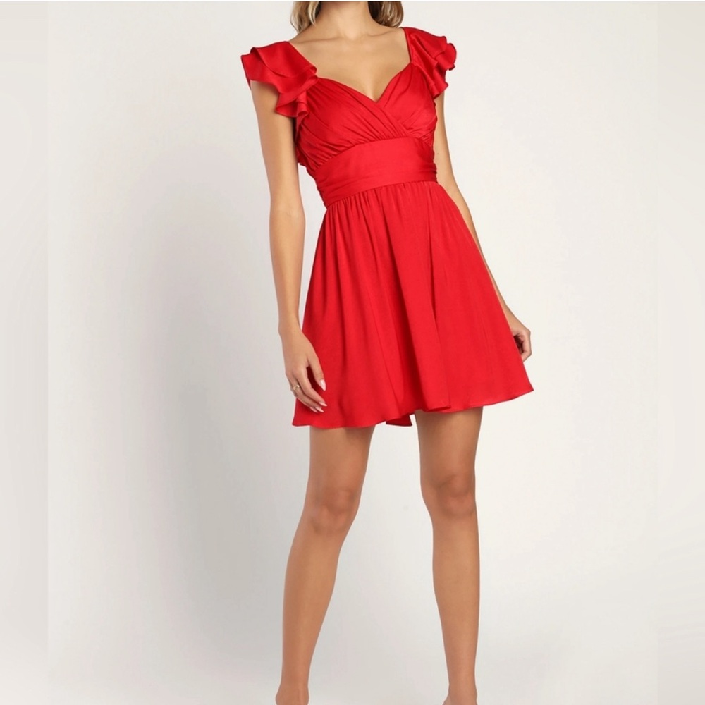 Lulus red ruffle sleeve cocktail dress